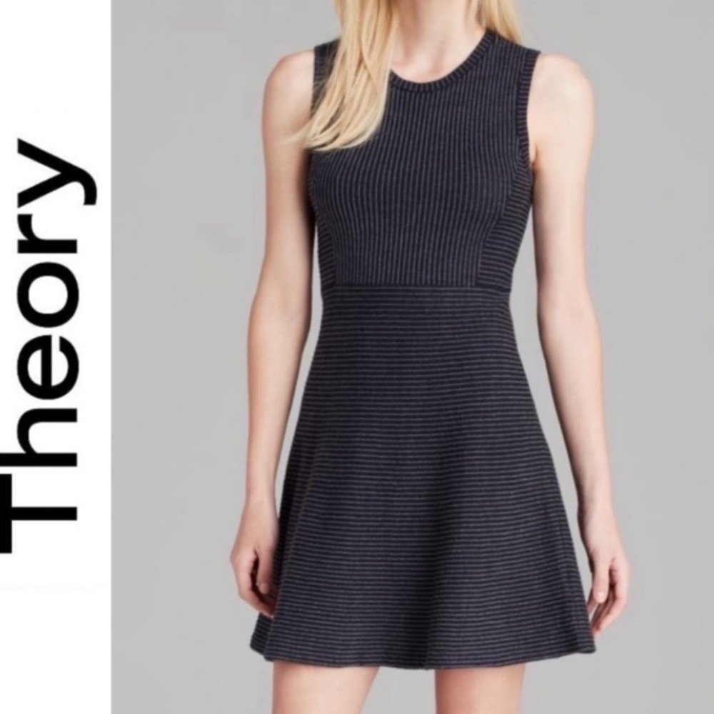 NWT Theory Randria Sleeveless Striped Mini Dress Wool Dark Navy Grey Medium